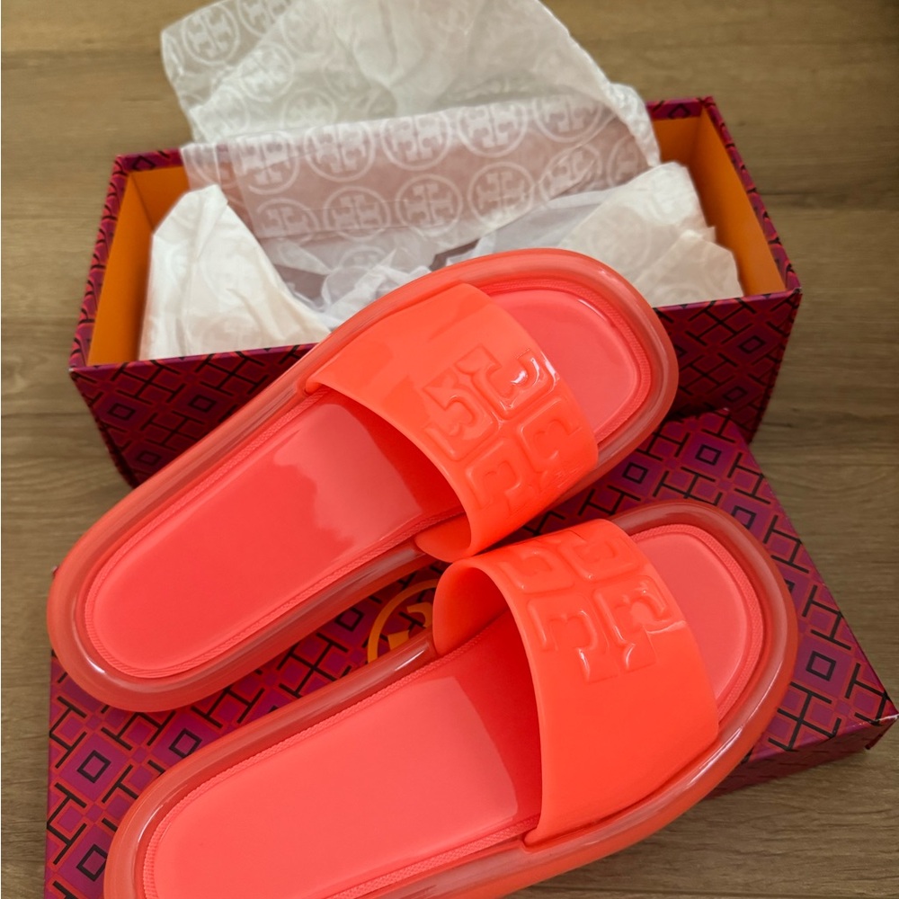 Tory Burch Neon Coral Logo Slide Sandals